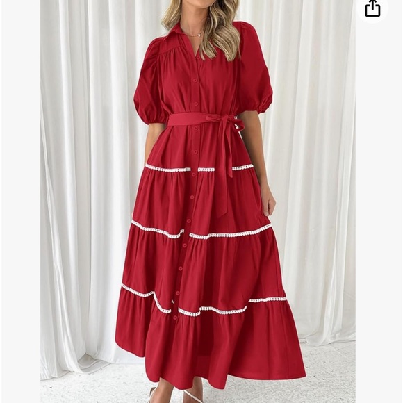 ♥️PRETTYGARDEN Womens Summer Button Down Shirt Dress Short Puffy Sleeve red - Picture 1 of 7